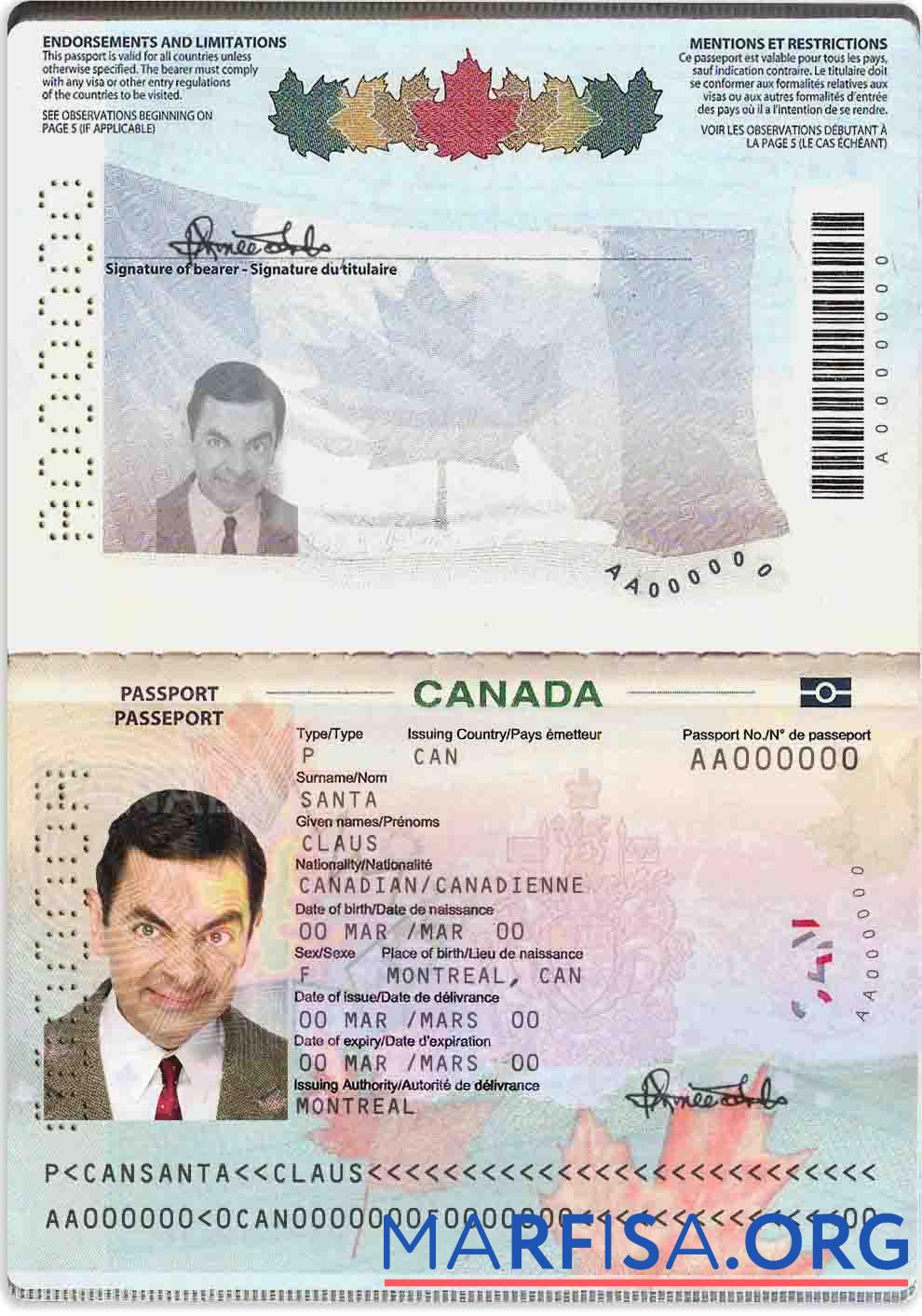 Printable Canada Passport (2010 – present) sample